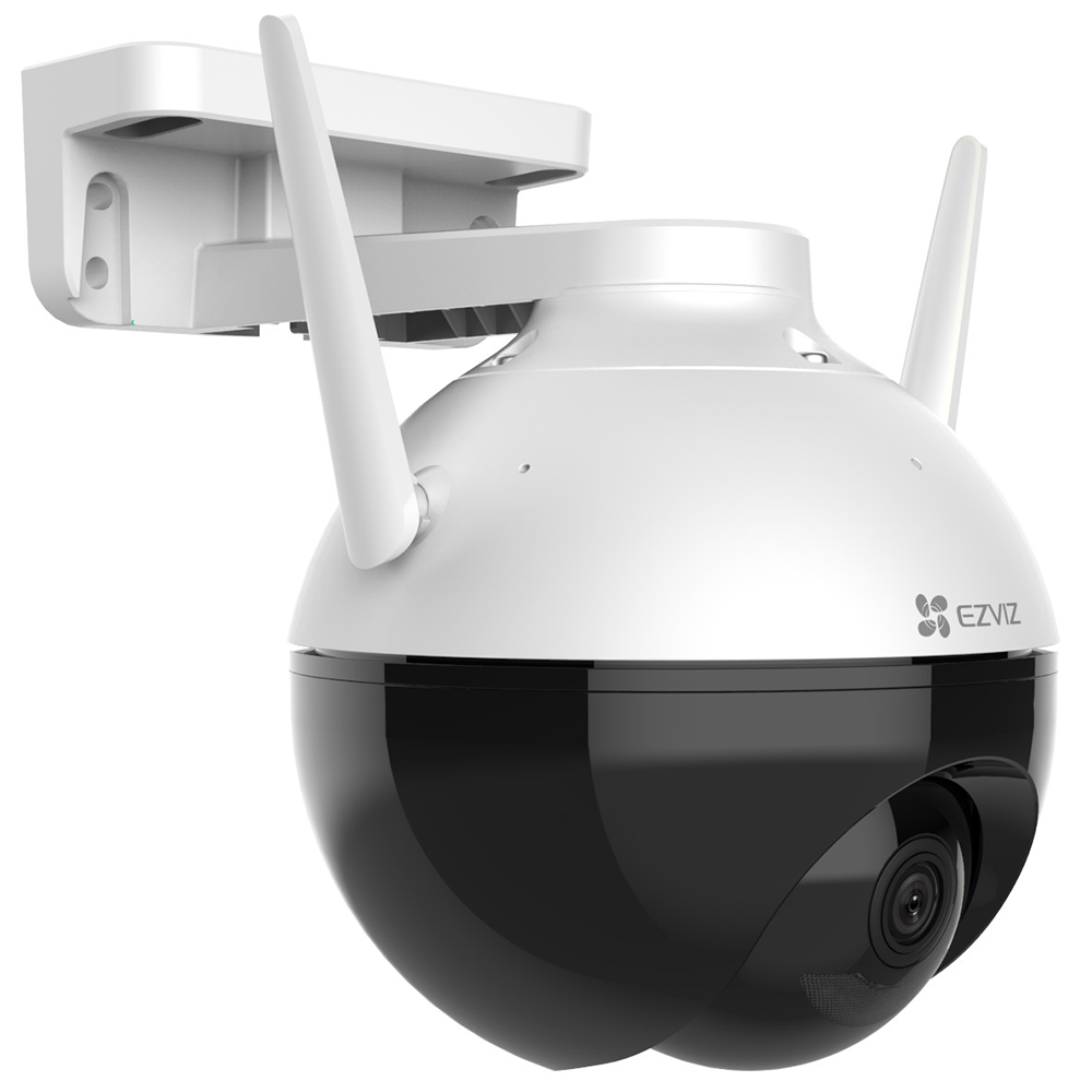 White and black security camera. It has two antennas and is mounted on a wall.