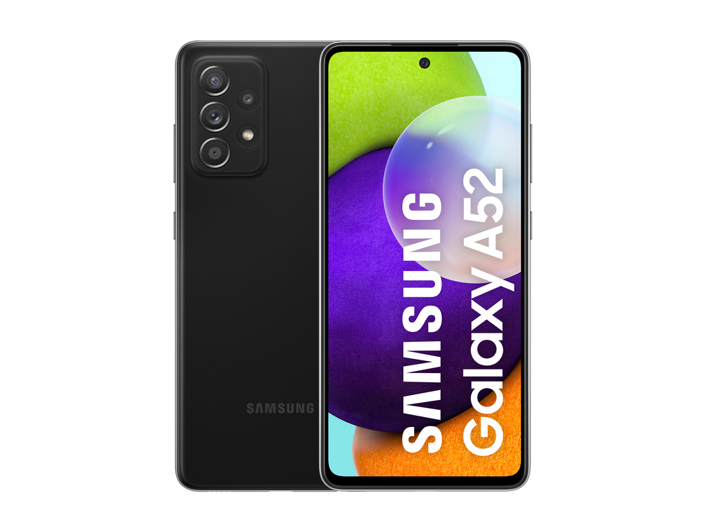 Teléfono Samsung Galaxy A52 negro. La parte trasera muestra cámaras, la pantalla el nombre.