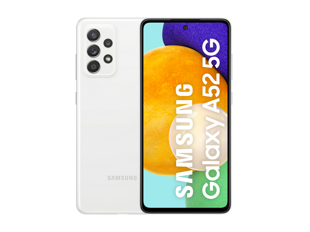 Teléfono blanco Samsung Galaxy A52 5G, vista frontal y trasera. Fondo naranja en la pantalla.