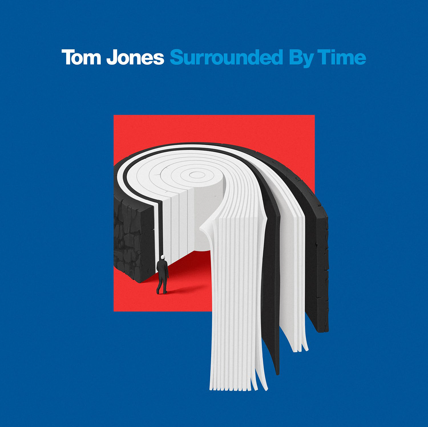 A 'Surrounded By Time' album borítója Tom Jonestól. Kék háttér, absztrakt könyv kép.