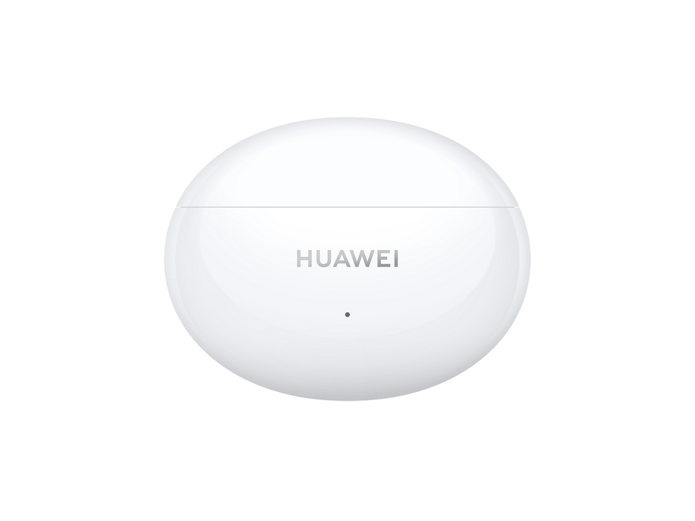 Un estuche blanco de auriculares Huawei con el nombre de la marca.