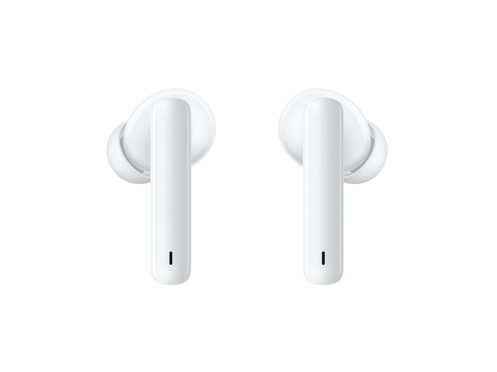 Dos auriculares inalámbricos blancos, uno al lado del otro sobre un fondo blanco. Cada uno tiene un pequeño punto negro.