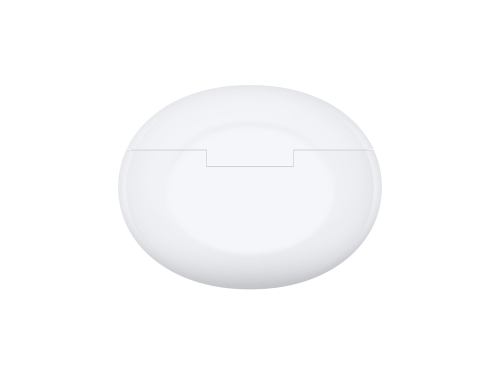 Un estuche de carga blanco en forma de óvalo para auriculares, visto desde arriba.