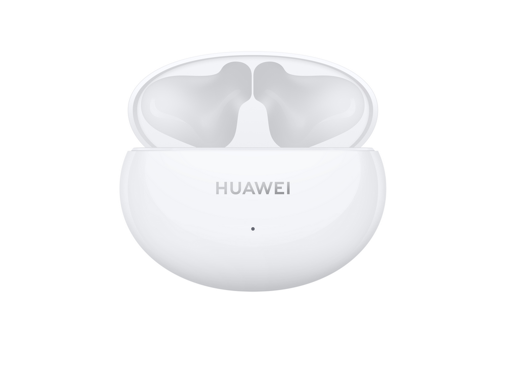 Auriculares blancos en su estuche. El estuche está abierto y tiene la marca HUAWEI. El fondo es blanco.