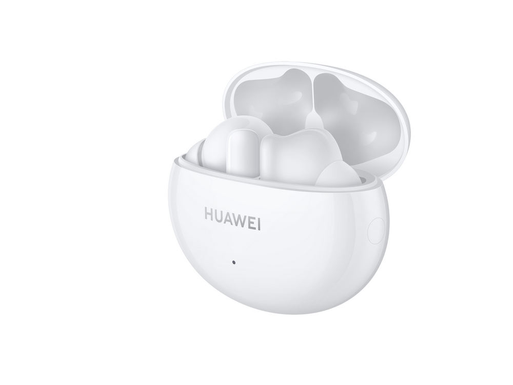 Un estuche de carga de auriculares blanco abierto, que revela dos auriculares blancos. El estuche tiene la palabra HUAWEI.