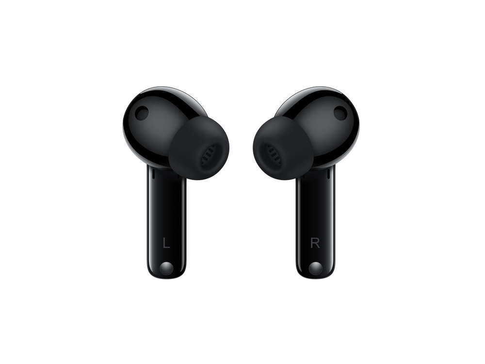 Auriculares inalámbricos negros, izquierdo y derecho. Cada uno tiene una punta redonda pequeña.