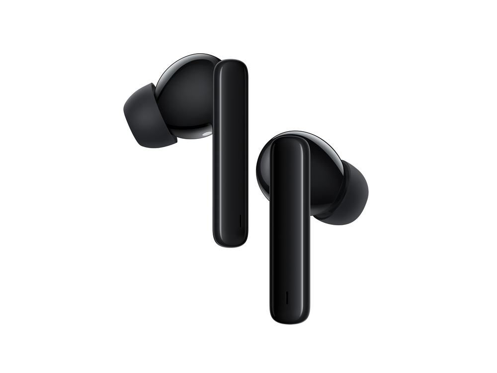 Auriculares inalámbricos negros. Cada uno tiene un tallo largo y un auricular redondeado.
