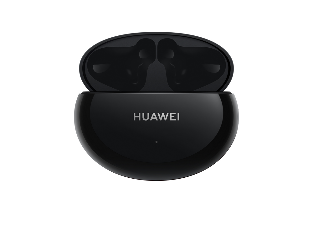 Auriculares Huawei negros en un estuche de carga, abiertos, fondo blanco.