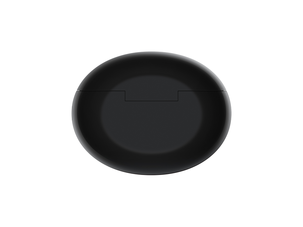 Una vista cenital de un estuche de auriculares negro de forma ovalada.