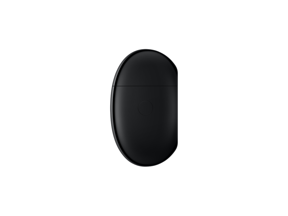 Estuche de carga negro, ovalado, para auriculares, con un pequeño botón en la parte delantera.