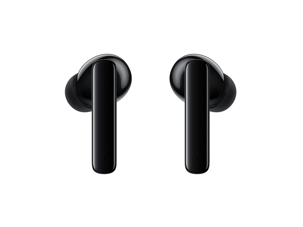 Auriculares inalámbricos negros. Cada uno con un vástago largo y un auricular redondeado.