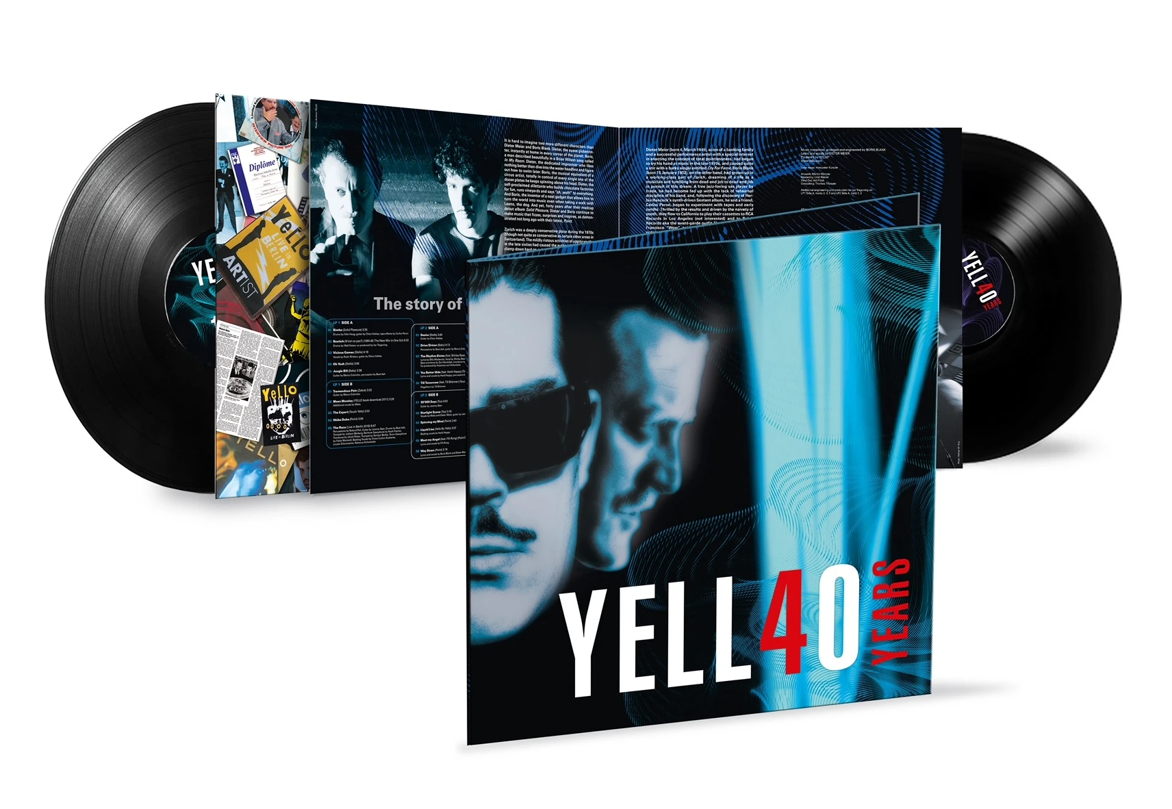A YELLO 40 YEARS albumborítója. A zenekar tagjai, szöveg és bakelit lemezek láthatók. A belső borító is látható.