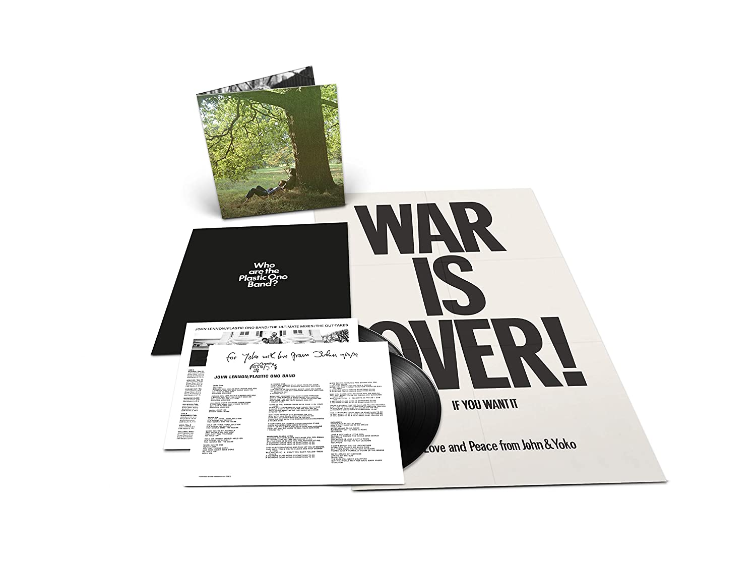 Hanglemez, borító, dalszöveg, poszter 'WAR IS OVER!' felirattal és egy fotó.