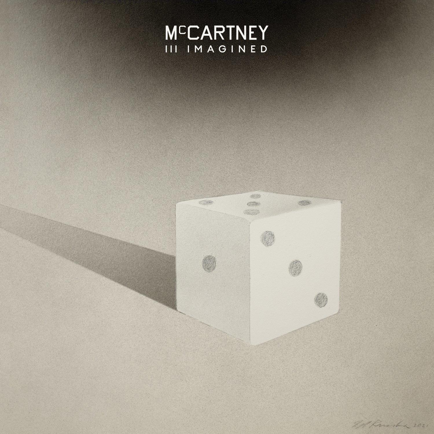 Albumcover: McCartney III Imagined. Ein weißer Würfel mit Punkten auf grauem Hintergrund, mit langem Schatten.