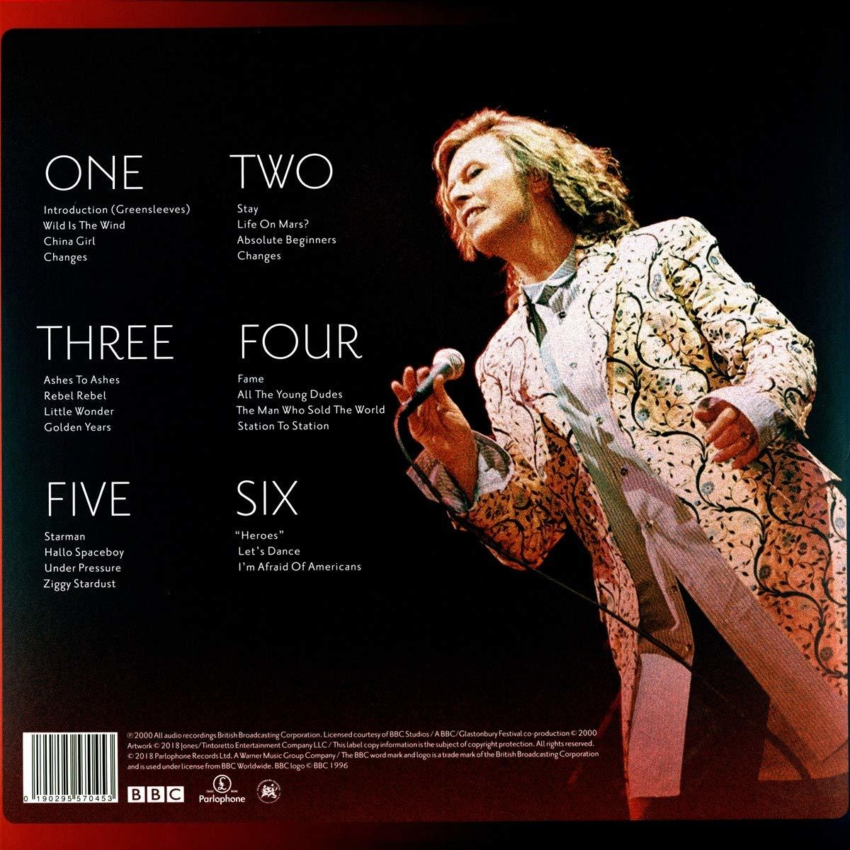 David Bowie chantant dans un micro, portant un costume à motifs. La liste des morceaux de l'album est à gauche.