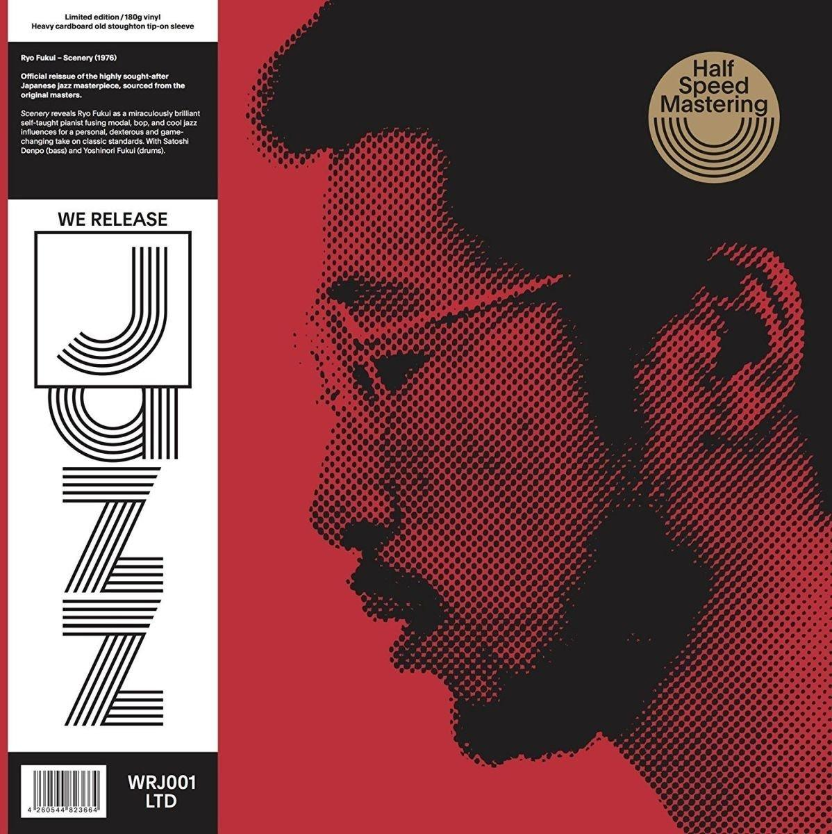 Jazz-Albumcover mit Porträt und Text: Jazz, Ryo Fukui, scenery.
