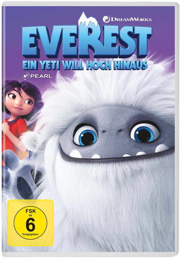 DVD-Cover: 'Everest'. Ein weißer Yeti lächelt den Betrachter an, und ein Mädchen daneben, mit Berg-Hintergrund.
