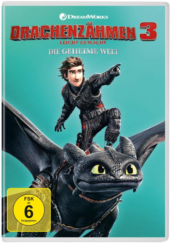 Filmcover von 'Drachenzähmen leicht gemacht 3'. Ein Junge reitet auf einem Drachen. Titel und Logo sichtbar.