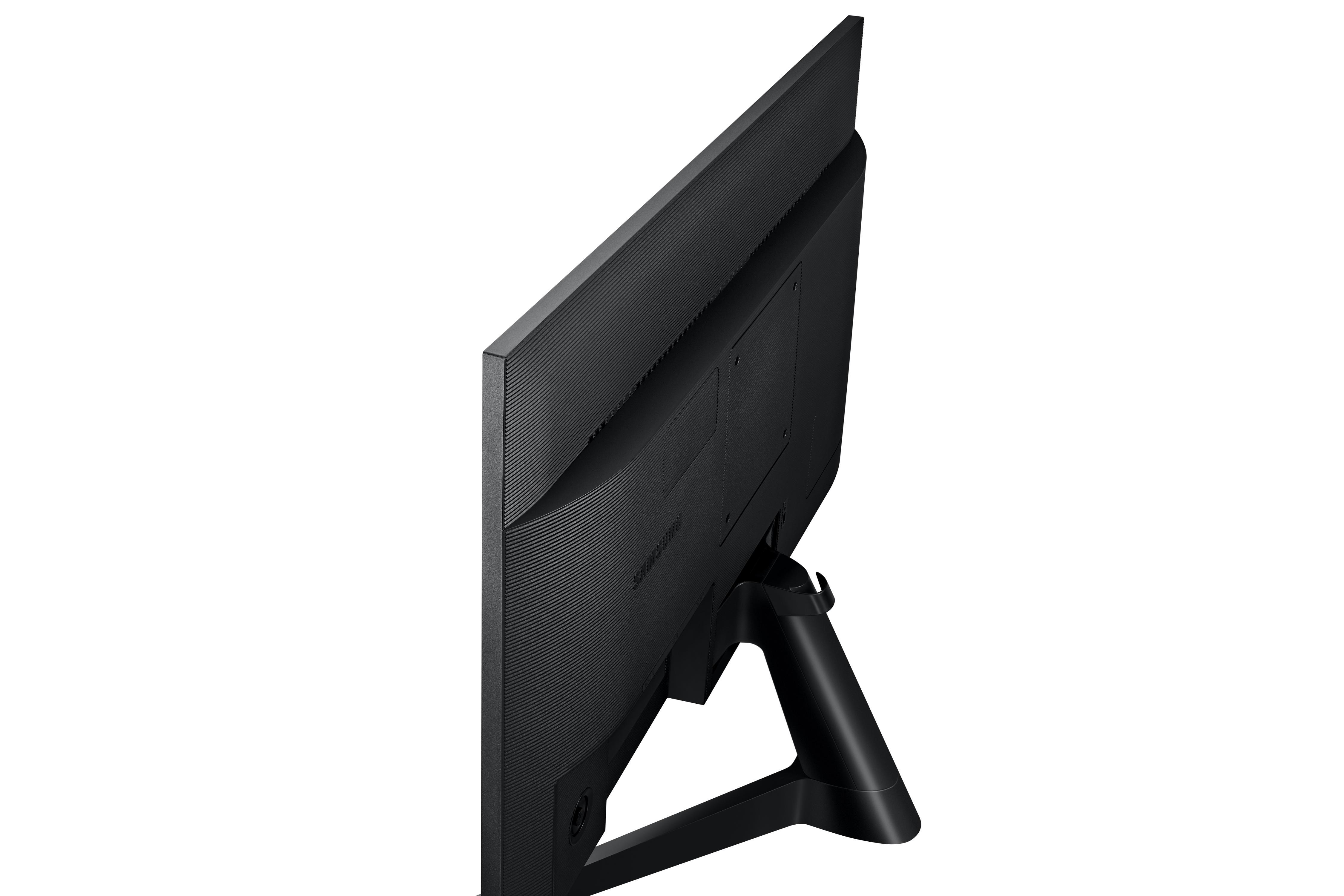 Schwarzer Computermonitor von der Seite. Er hat einen Ständer und das Samsung-Logo auf der Rückseite.