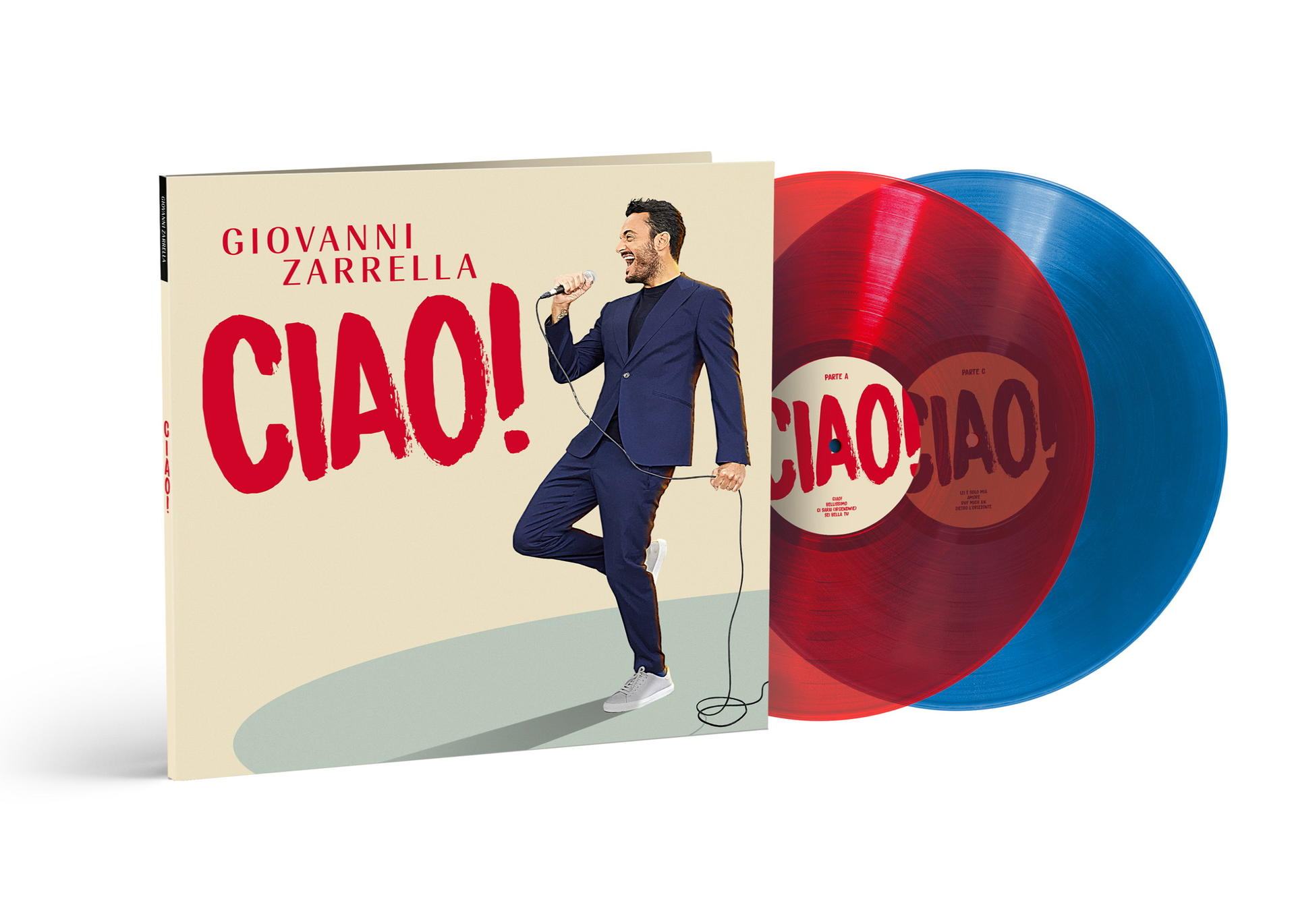 Albumcover mit singendem Mann. Zwei Schallplatten, rot und blau, sind sichtbar.