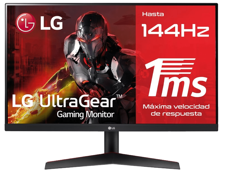 Monitor LG UltraGear gaming. Muestra a un jugador. Rojo y negro con texto.