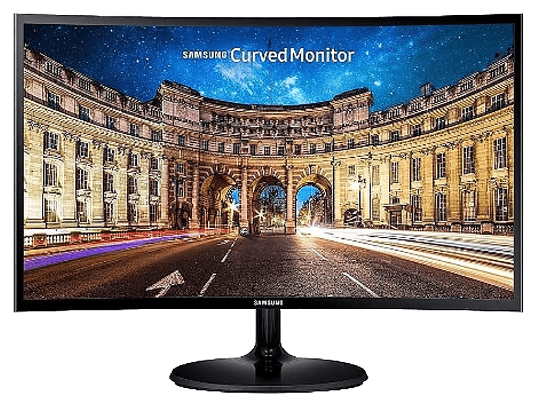Monitor curvo que muestra una escena de la ciudad de noche.