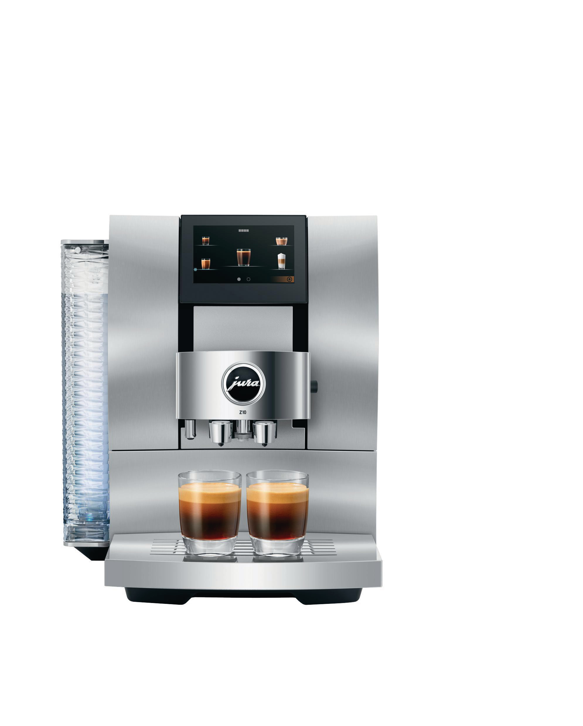 Eine silberne Jura Kaffeemaschine. Zwei Tassen Kaffee stehen auf der Tropfschale.