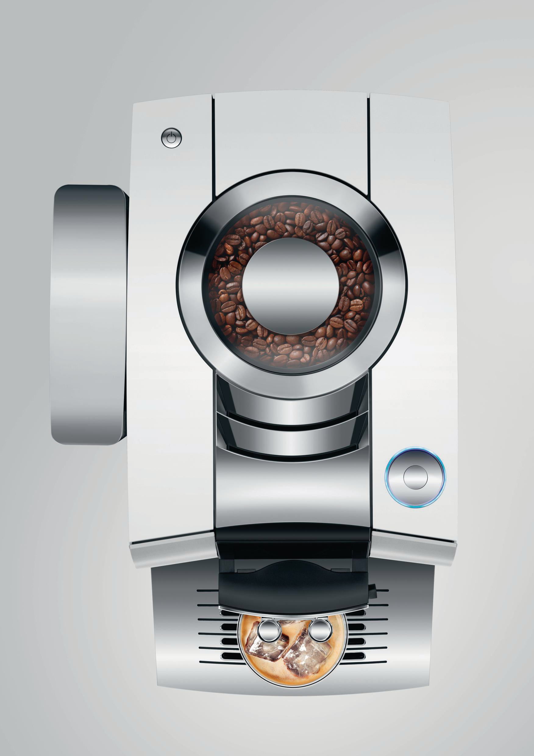 Draufsicht auf eine weiße Kaffeemaschine. Sie zeigt Kaffeebohnen, eine Tasse und ein metallisches Design.