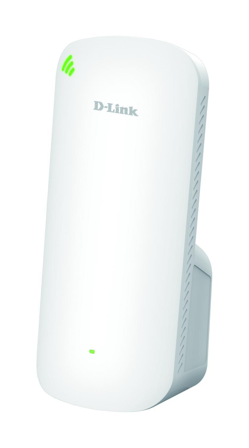 Weißer D-Link WLAN-Extender, der aufrecht steht, mit grünen und weißen Kontrollleuchten.
