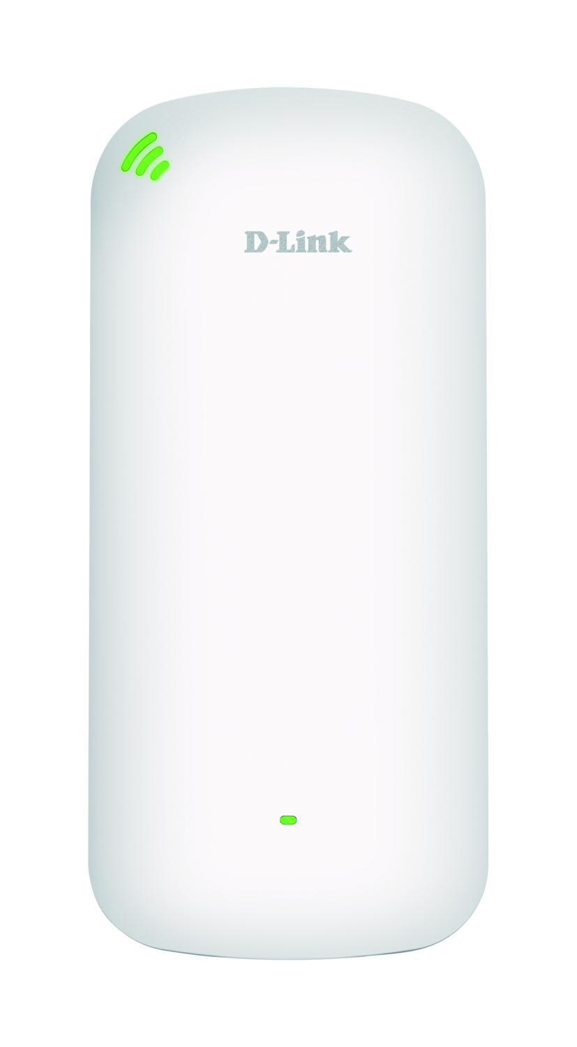 Weißes D-Link-Netzwerkgerät. Das Gerät hat eine rechteckige Form mit abgerundeter Ober- und Unterseite.