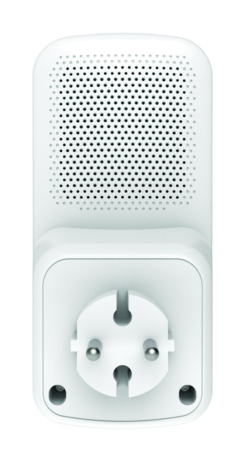 Ein weißer Smart Plug mit rundem Stecker. Weißer Hintergrund.