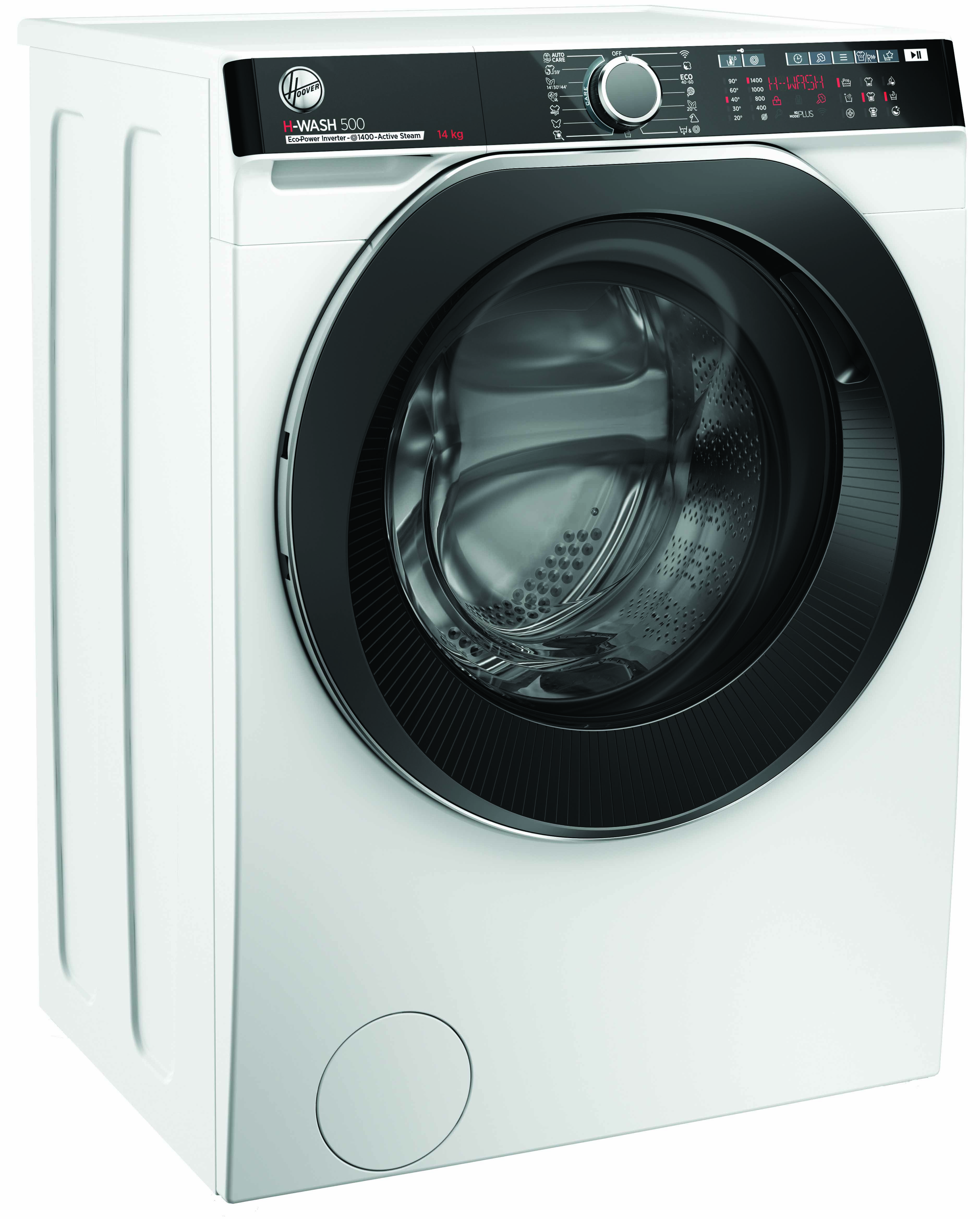 Siyah kapılı ve dijital ekranlı beyaz çamaşır makinesi. H-WASH 500 olarak etiketlenmiş.