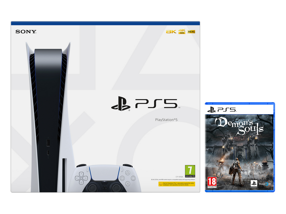 Consola PlayStation 5, mando y caja del juego Demon's Souls.