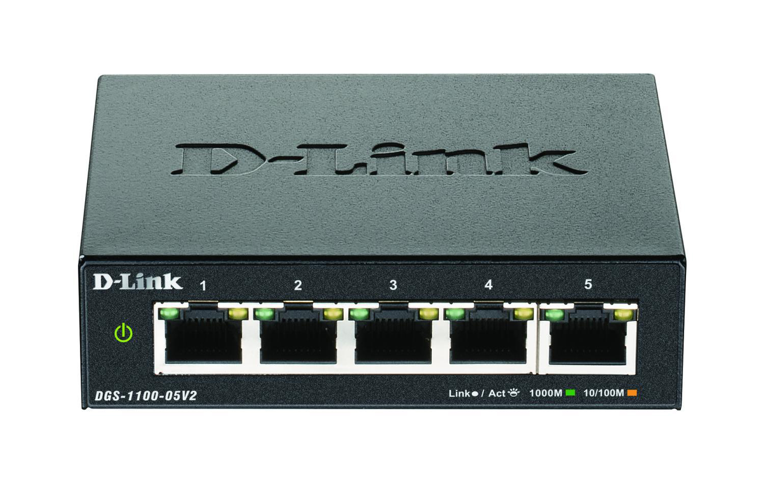 Schwarzer D-Link Netzwerk-Switch mit 5 Anschlüssen. Mit den Nummern 1-5 und D-Link-Logo beschriftet.