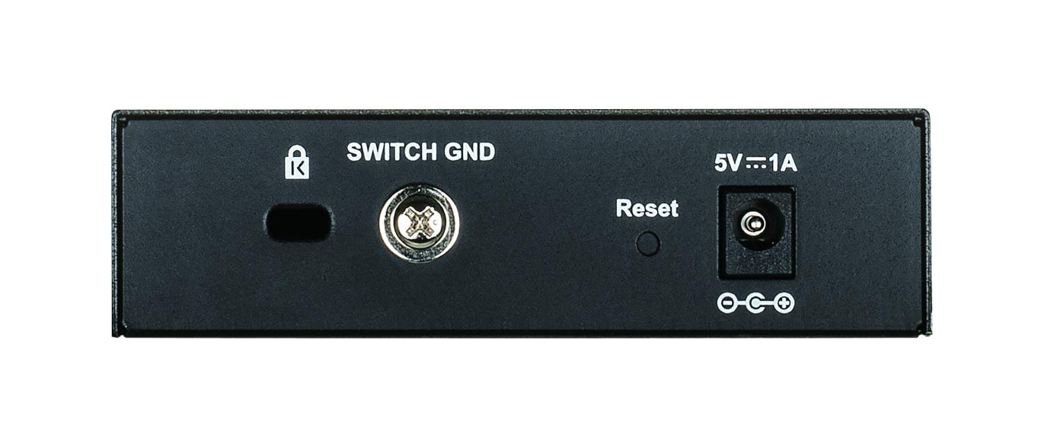 Rückseite eines schwarzen elektronischen Geräts mit Anschlüssen, Reset und Stromeingang.