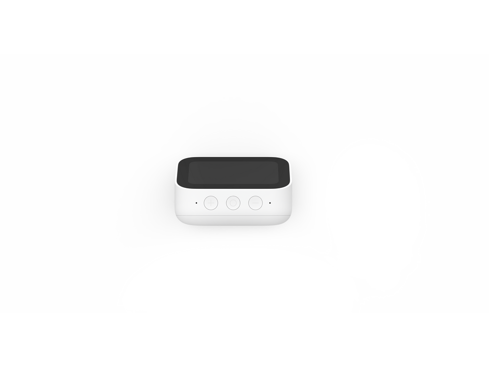 Dispositivo rectangular blanco con tres botones. Parte superior negra con pantalla. Fondo blanco.