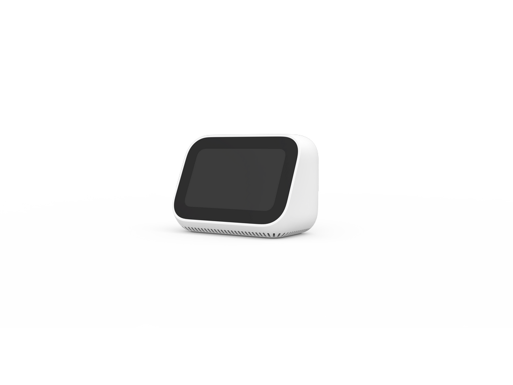 Un dispositivo de pantalla inteligente blanco y rectangular con pantalla negra, sobre blanco.