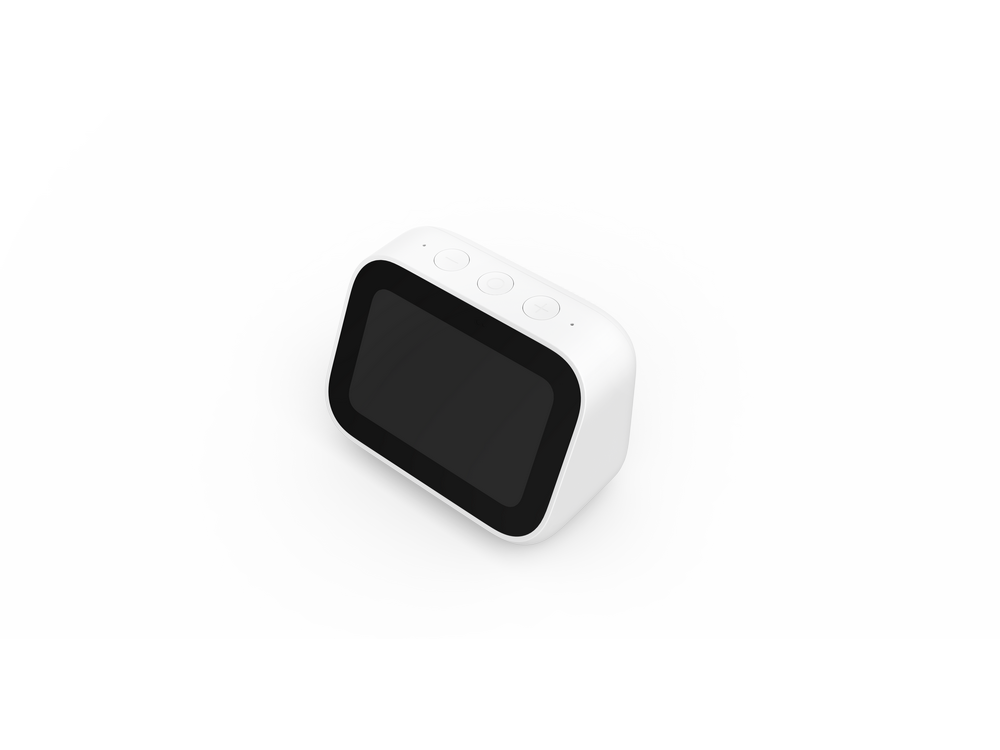 Reloj despertador digital blanco con pantalla negra, tres botones, sobre superficie blanca.
