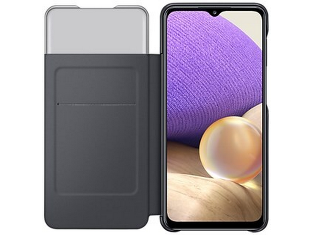 Funda de teléfono abierta, mostrando un smartphone con pantalla morada, y funda negra y gris.