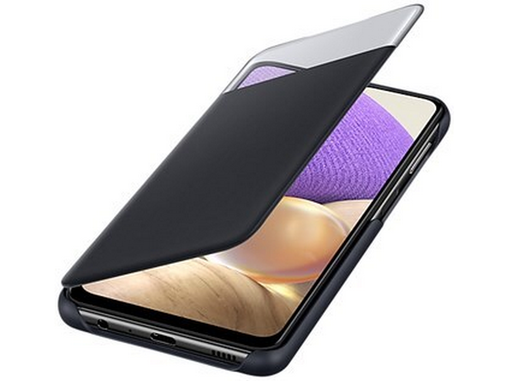 Funda negra para teléfono con pantalla visible, mostrando un fondo de pantalla.