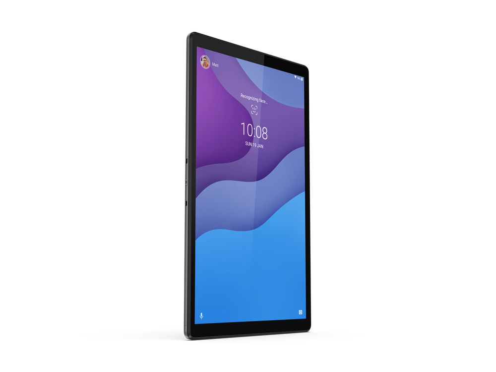 Tableta con pantalla azul y morada, mostrando la hora y el icono de perfil de una persona.