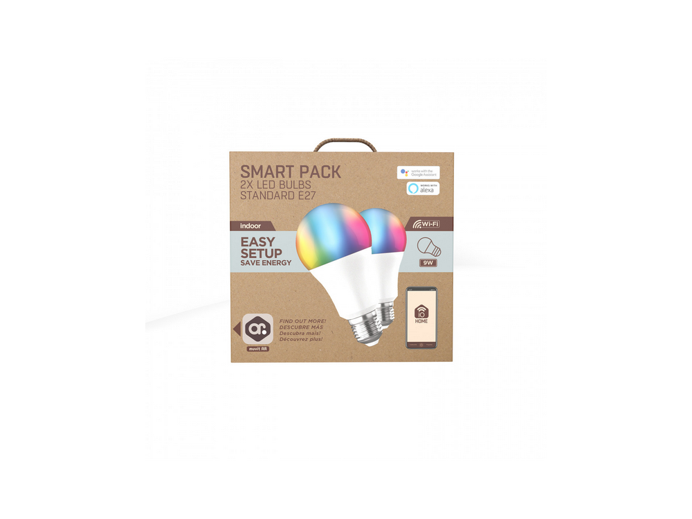 Caja con dos bombillas LED inteligentes, efecto de luz colorida y un smartphone con app.
