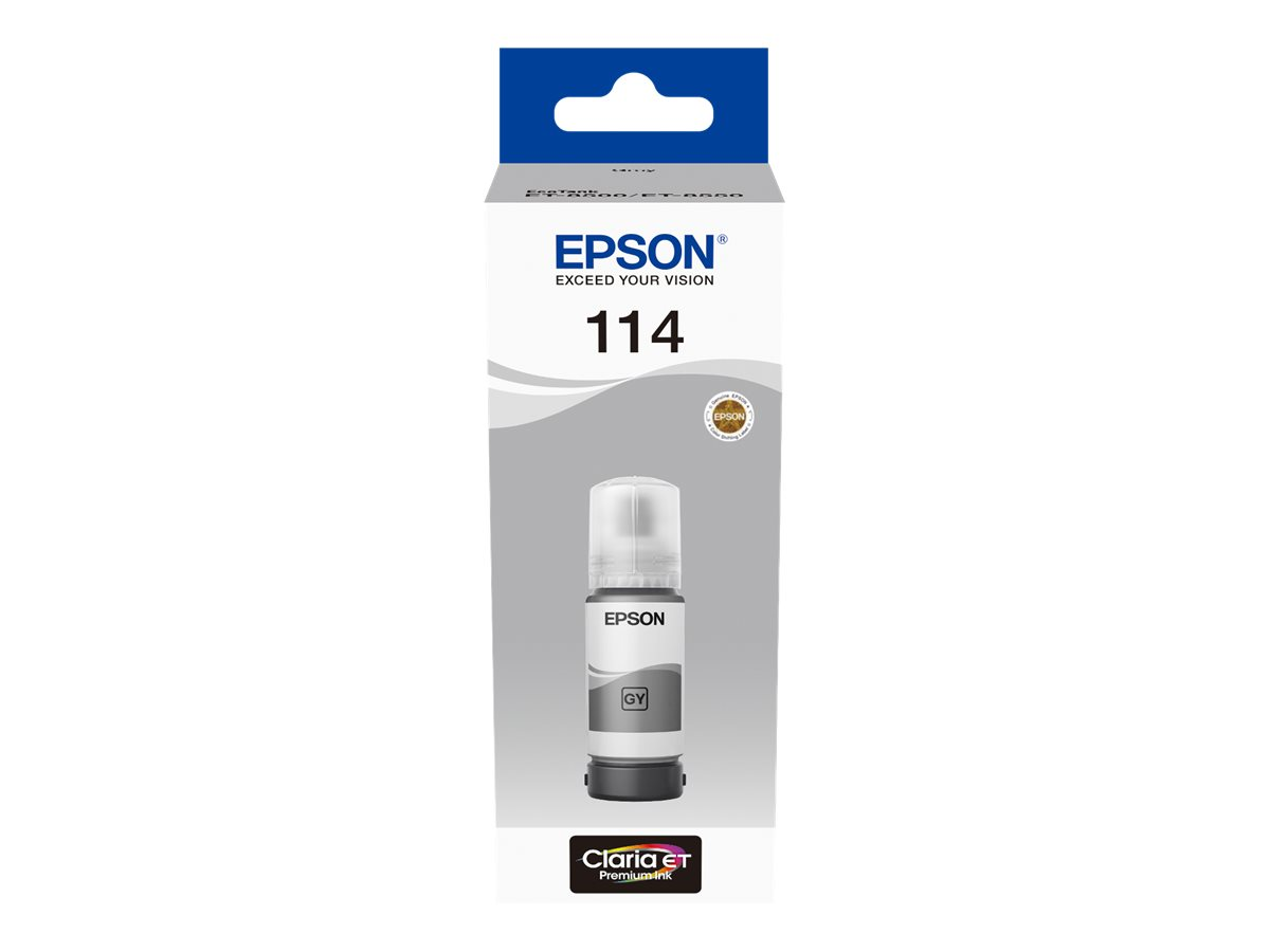 Epson-Tintenflasche in einer Box. Die Flasche ist mit der Marke Epson und der Farbe GY beschriftet.