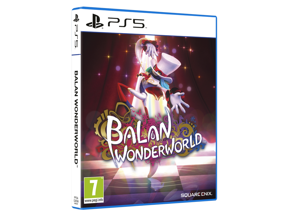 Caja del juego PS5 para Balan Wonderworld, con personajes coloridos.