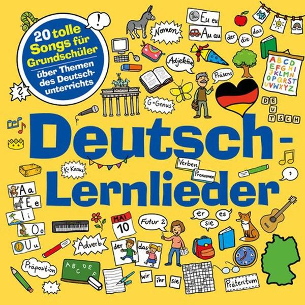 Buntes Albumcover mit vielen Zeichnungen und Text auf Deutsch über Grammatik und Deutschunterricht.