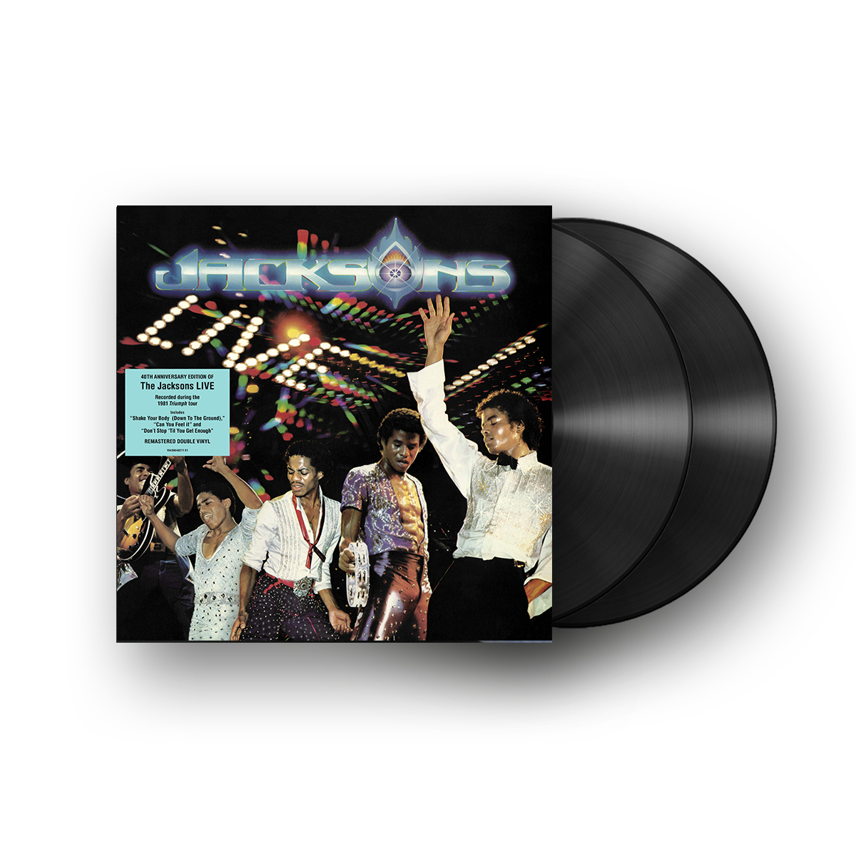 Das Albumcover der Jacksons mit Live-Auftritt der Band. Schwarze Vinylplatten sind zu sehen.