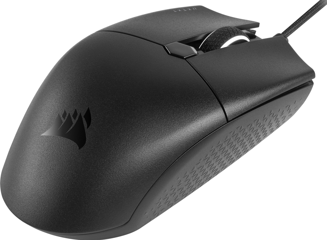 Schwarze Gaming-Maus mit Corsair-Logo. Hat ein Scrollrad und ein Kabel.