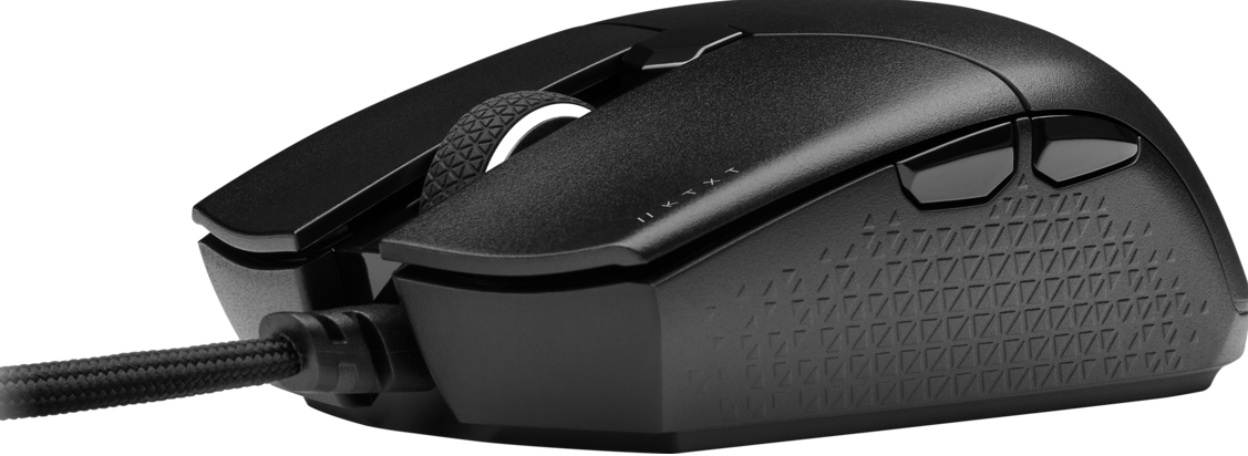 Nahaufnahme einer schwarzen Computermaus mit Scrollrad und Seitentasten. Das Kabel ist sichtbar.