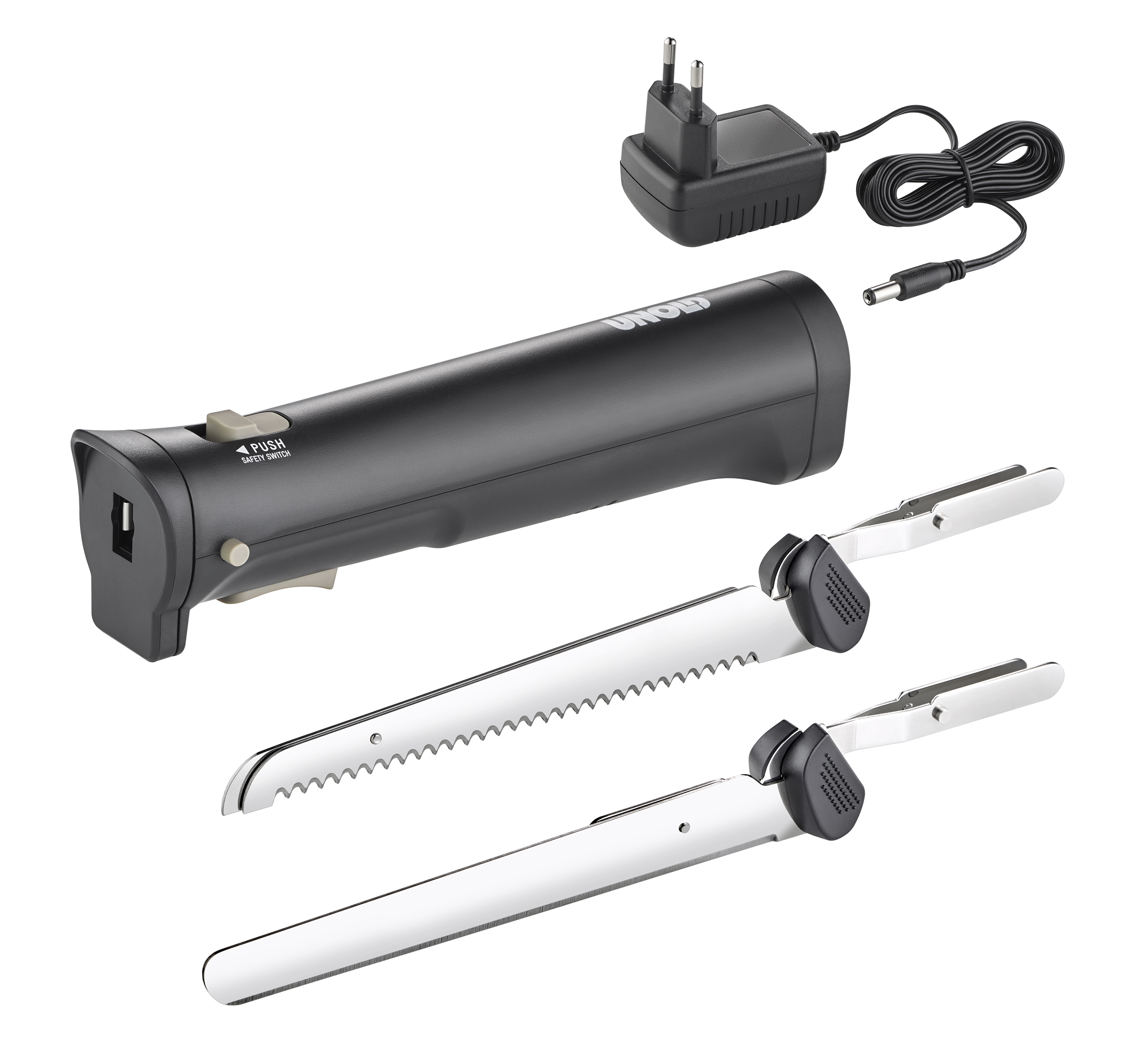 Schwarzes elektrisches Messerset mit zwei Klingen und einem Ladegerät.