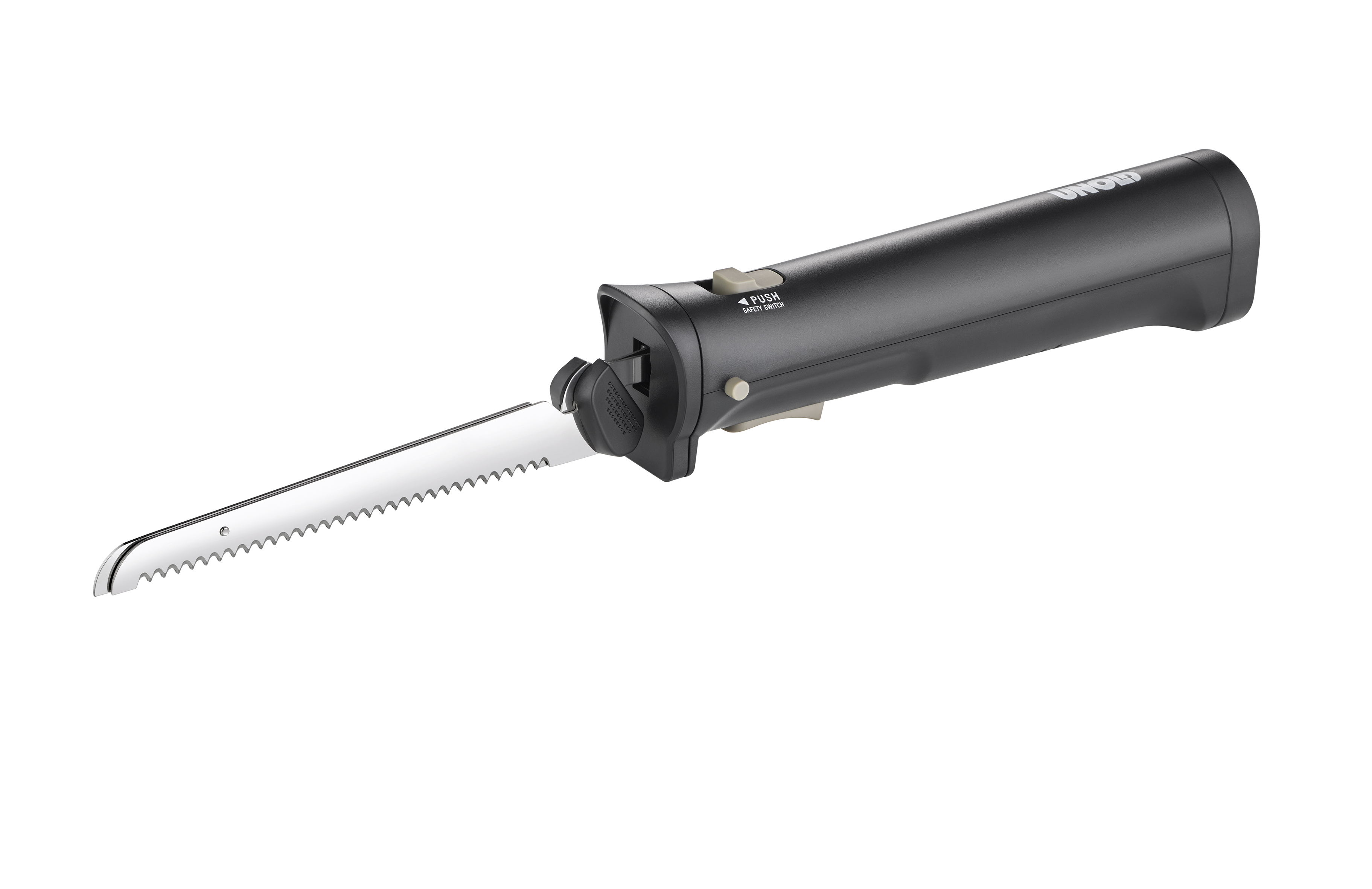 Schwarzes elektrisches Tranchiermesser, nach links abgewinkelt, mit gezahnter Klinge.